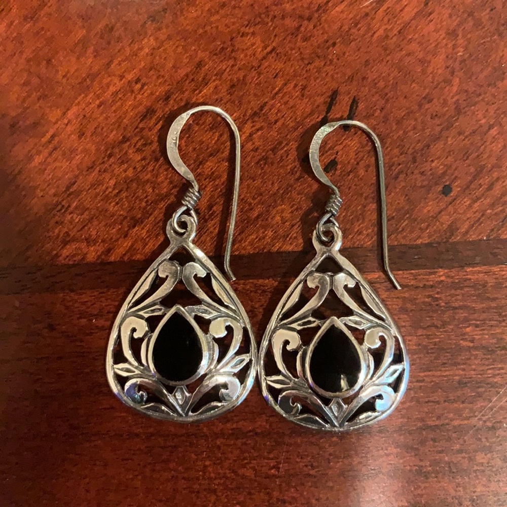 Filigree Teardrop Sterling Silver Onyx Earrings